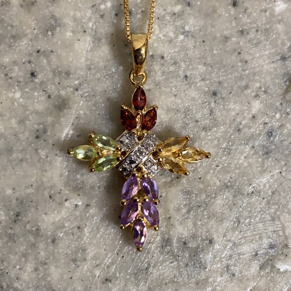 🆕 18K Gold Over S/S Multi Gem Cross Necklace